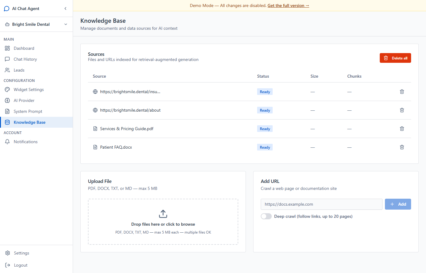 RAG knowledge base — upload PDFs, crawl URLs